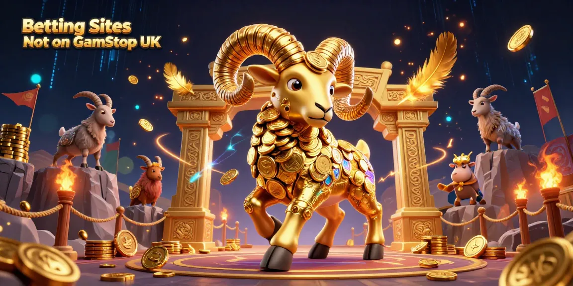 Betting Sites Not on GamStop UK showcases dynamic horse racing elements with a golden ram charging through vibrant visual effects.