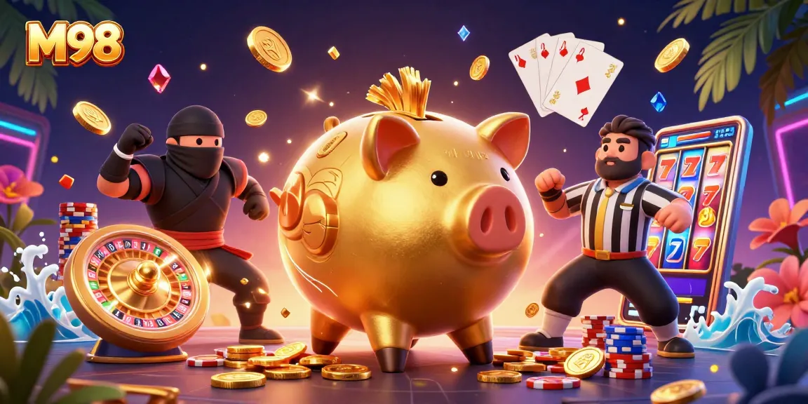 M98 features a golden piggy bank sumo wrestler captivating players with dynamic casino action and winnings.